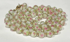 Vintage ITALIAN MURANO Venetian  "PINK ROSES"  Art Glass Bead Necklace-31” Long - Picture 1 of 13