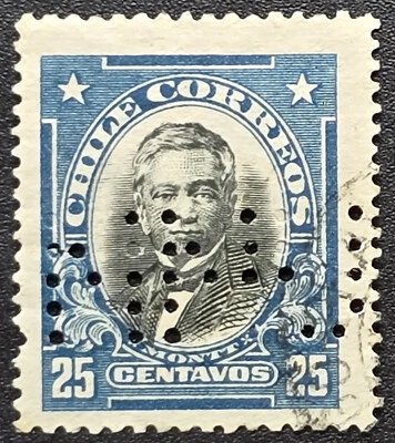 Chile 1928 Sc.O25 25c azul y negro SERVICIO DEL ESTADO Montt PERFIN - Sello Foto 1 de 3