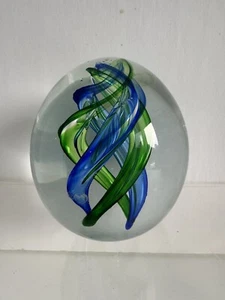 Vintage Large Paperweight 2 Center Color Swirls Blue Green Large Rare 3.5” - Picture 1 of 1
