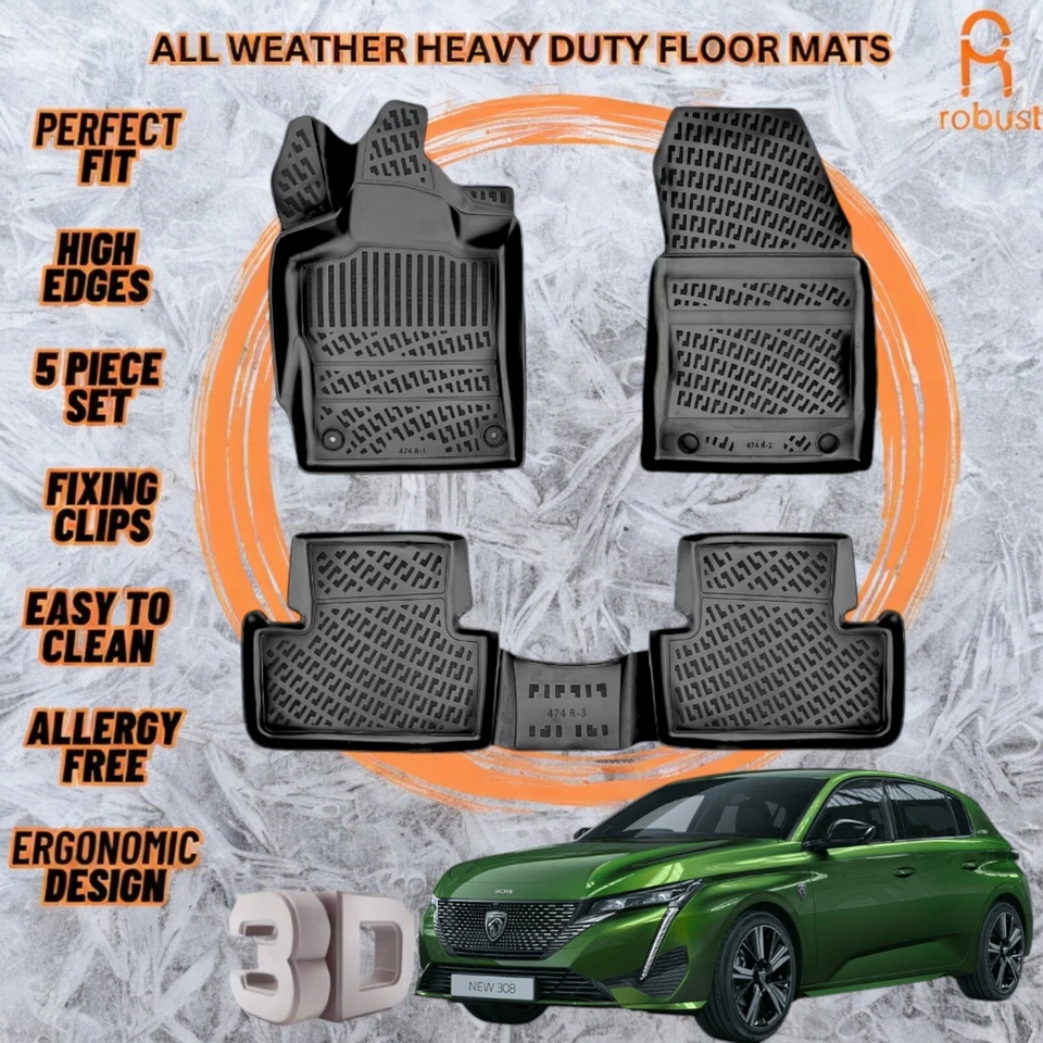Alfombrillas coche moldeadas en 3D para Peugeot 308 2022-2025 para todas las estaciones resistente Foto 1 de 4