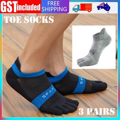 3 Pairs Men Cotton Running Ankle Sports Toe Socks Five Finger Grey Blue Black AU - image 1 of 4