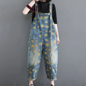 Ladies Sunflower Printed Denim Overalls Jumpsuit Bib Trousers Jeans Leisure - Picture 1 of 12