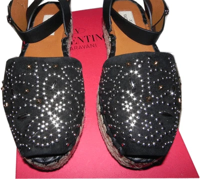 Valentino 铆钉帆布鞋黑色麂皮绒露跟凉鞋楔形鞋 37 — 第 1/4 张图片