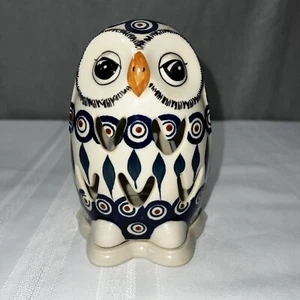 Polish Pottery Luminary Owl Candle Holder Unikat Blue Blue/Teal Design - Picture 1 of 8