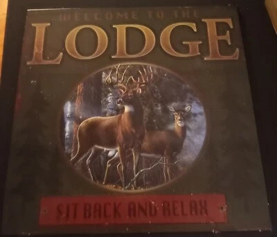 WELCOME TO THE HUNTING LODGE METAL SIGN RUSTIC CABIN DECOR 9 1/4" x 9 1/4" - Image 1 of 4