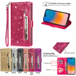 For iPhone 16E 15 14 13 12 11 XR 7 Zipper Bling Glitter Leather Card Wallet Case - Picture 1 of 13