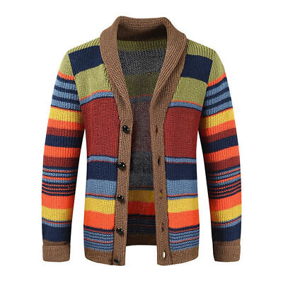 Men's Rainbow Lapel Sweater Coat Winter Knit Color Block Cardigan Jacket Outwear • 31.57€