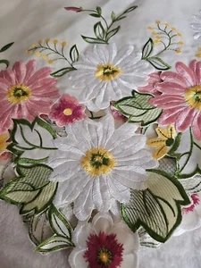 Gerber Daisy Floral Cutout Table Center 33" x 33" Spring Pink Cream Embroidered - Picture 1 of 7