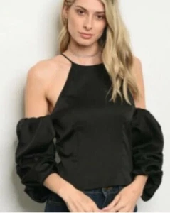 NWT Solaris Style Black Satin Cold Shoulder Puff Sleeve Blouse Size Small - Picture 1 of 9