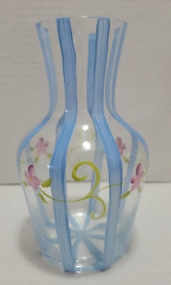 Винтажная стеклянная ваза 1990-х годов FTD графин с ручной росписью синие полосы фиолетовые цветы 6,5 дюйма - Изображение 1 из 4