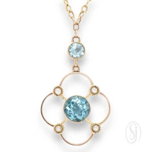 EDWARDIAN ANTIQUE 9K Rose Gold Natural Blue Zircon Seed Pearl Pendant Necklace - Picture 1 of 7