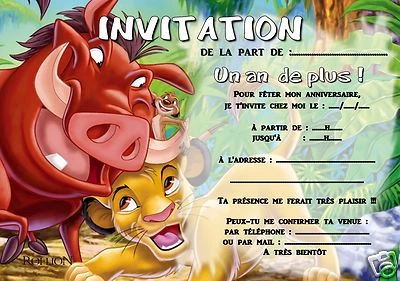 5 ou 12 cartes invitation anniversaire LE ROI LION réf 309