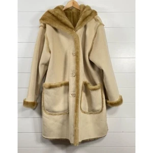 Jones New York Womens Penny Lane Fur Trim Hooded Coat sz XL Tan Y2K Bohemian - Picture 1 of 19