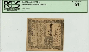 1772 April 3, 1 Shilling Pennsylvania Colonial Note FR#PA-154 PCGS CU63 - Picture 1 of 2