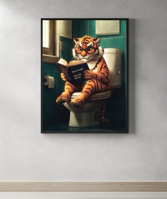 Funny Tiger Bathroom Poster: Reading on Toilet, Quirky Animal Print - Image 1 of 4