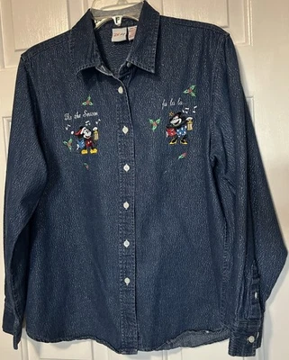 Camisa jeans Disney feminina grande Mickey Minnie Natal botão para cima bordada - Imagem 1 de 4