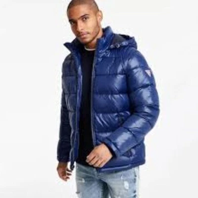 Guess Logo Blue Hooded Full Zip Puffer Jacket Men's Size XL NWOT - Image 1 of 4