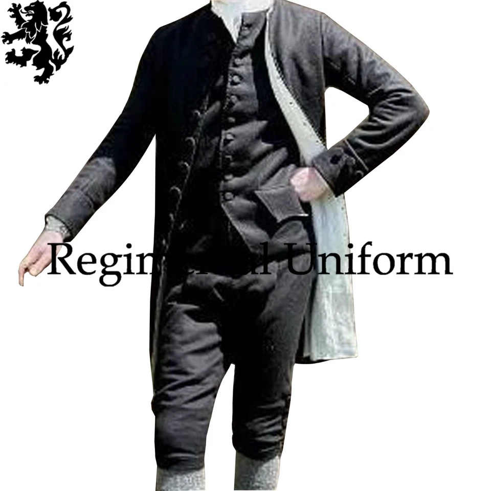 Regency Frock Coat Colonial War Outfit Army 深灰色单排扣羊毛大衣 — 第 1/4 张图片
