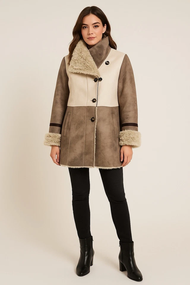 Casaco Laundry by Shelli Segal Penny Lane Feminino L Taupe Marfim Camurça Artificial/Pele Y2K - Imagem 1 de 4