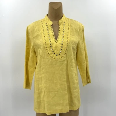 JM Collection 12 Large 100% Linen Tunic Top Beaded Studs Embroidered VNeck Women - Image 1 of 4
