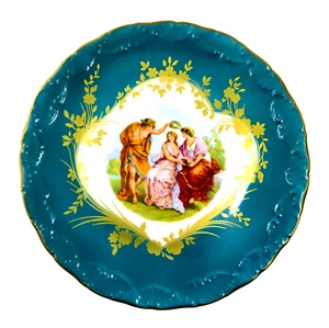 Placa vintage LIMOGES 10,5" pintada a mano escena griega aguamarina oscura y detalles dorados - Imagen 1 de 6