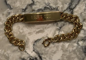 Peerless Gold Tone Bracelet  7.25" Engraved I LOVE YOU Marked Nickel Silver - Picture 1 of 4