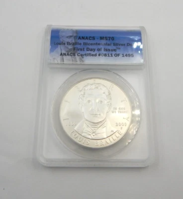 2009-P Louis Braille Commemorative Silver Dollar  FDC ANACS MS 70  (02) - Image 1 of 2