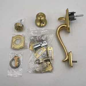 Schlage F60 CAM 608 GEO Camelot Satin Brass Handleset with Georgian Knob - Picture 1 of 6