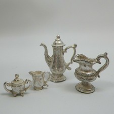 Vintage Miniature Coffee Set with Pitcher 4 Pieces Pewter Look 1980s Dollhouse
