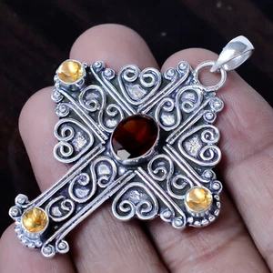 Faceted Garnet, Citrine Cut Gemstone 925 Sterling Silver Cross Gifted Pendant - Picture 1 of 6