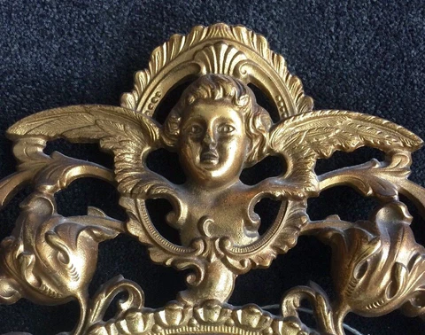 Cherub Wall Mirror / Candle Wall Sconce - Antique Gold Gilt Metal Cover