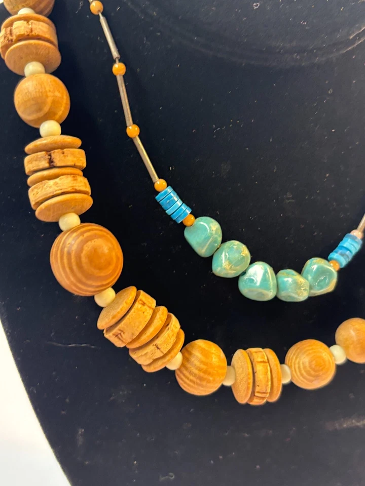 Lote Collares Madera y Piedra Azul Cuentas Gruesas y Delicadas Moda Boho  Foto 1 de 4