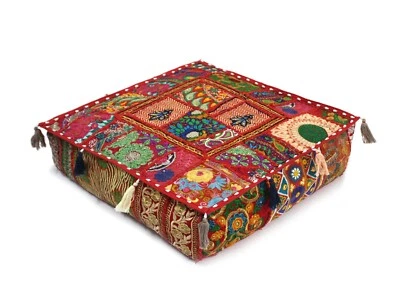 Red Patchwork Square Floor Pillow Bohemian Decorative Pillow Vintage Cover AU - Image 1 of 4
