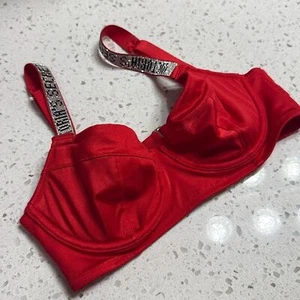 Victoria Secrets Runway Red bra Sz 34C satin w bling spell out straps push up - Picture 1 of 10