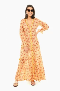 Poupette St Barth NWT Rita Floral Cotton Maxi Dress Peasant Prarie XS Yellow New - Picture 1 of 12