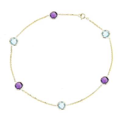 Tobillera de oro amarillo de 14K con topacio azul y piedras preciosas de amatista 9,5 pulgadas Foto 1 de 2