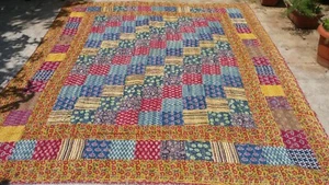 Patchwork Kantha Blumen Tagesdecke Baumwolle Blockdruck Handarbeit Indien King A - Bild 1 von 9