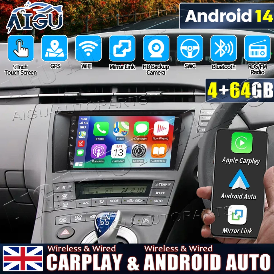 AIGU-AUTOPARTS 64G For Toyota Prius 09-15 Carplay Android 14 Stereo Radio GPS WIFI DAB+ SWC AHD