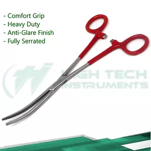 RED PVC Vinyl Grip Handle Stainless Steel Hemostat Forceps Curved Serrated 8" - Picture 1 of 6