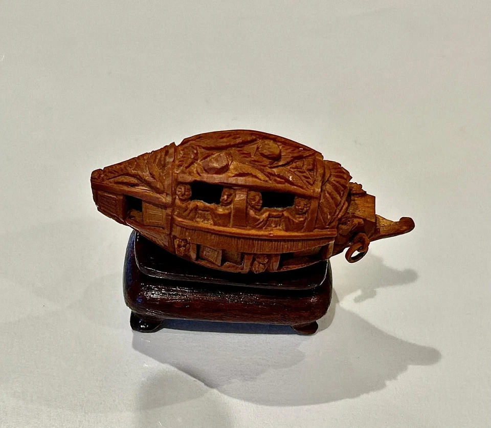 Qing Antique CHINESE Hand Carved MINIATURE BOAT with stand and box - Image 1 of 1