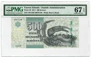 BILLETE DE 500 CORONAS ISLAS FEROE FEROE 2011 PMG 67 EPQ GEMA SIN CIRCULAR PEZ CANGREJO p32 - Imagen 1 de 2