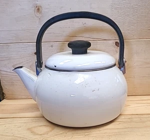 Vintage WHITE TEA POT/Kettle SIAM FUJI WARE Enamel Rustic Planter Thailand MCM - Picture 1 of 13