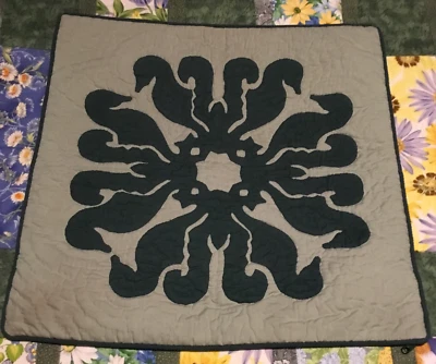 Dark Green Seahorse Hawaiian Quilt Applique Accent Pillow Cover 18” Square - Image 1 of 3