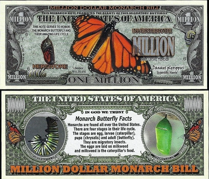 Monarch Butterfly Million Dollar Bill Play Funny Money Novelty Note +FREE SLEEVE