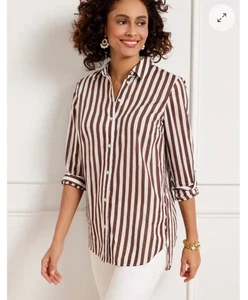 Talbots Striped Side Button Boyfriend Curved Shirttail Voile Long Sleeve Shirt S - Picture 1 of 14