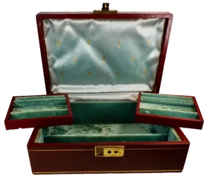 Jewelry Box & Key Wood Oilcloth Velvet Lined Mechanical Burgundy Gold 1950s VTG - Picture 1 of 10