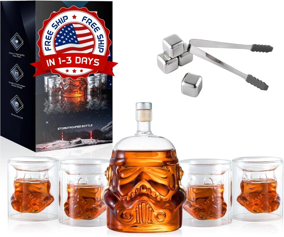 Set Decantador De Whisky Con 4 Vasos, Hielos, Pinzas Y Embudo, Regalos NUEVO EE. UU. Foto 1 de 4