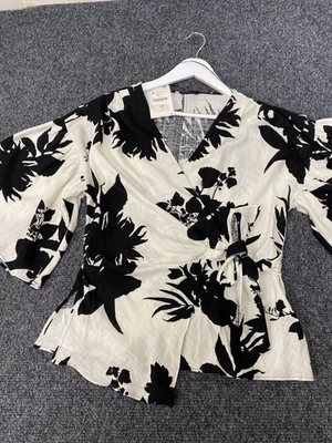 Zara Wrap Top Bell Sleeve Size UK Small Cream Black Floral Korean Style Tie Wrap - Image 1 of 4