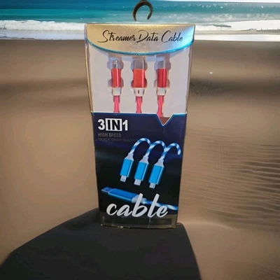 3-IN-1 STREAMER DATA CABLE-RED/W LIGHTS-HIGH SPEED-QUICK CHARGE-3 CHARGING ENDS - Image 1 of 4