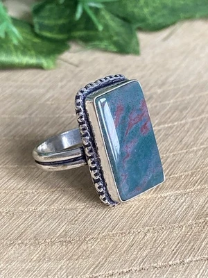 Green Moss Agate Ring Size T Sterling Silver 925 Plated Rectangle Vintage Retro - Image 1 of 4